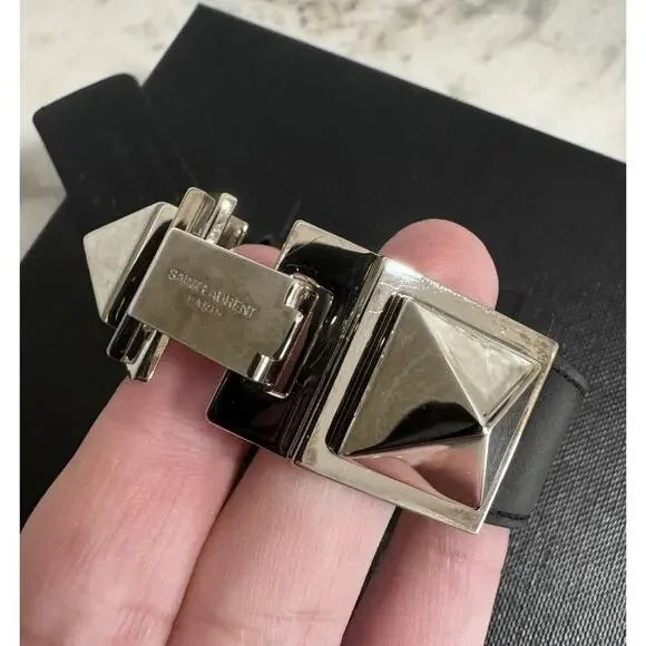 Auth Saint Laurent YSL Black Leather Stud Bracelet Small Sized Metal - Picture 8 of 16